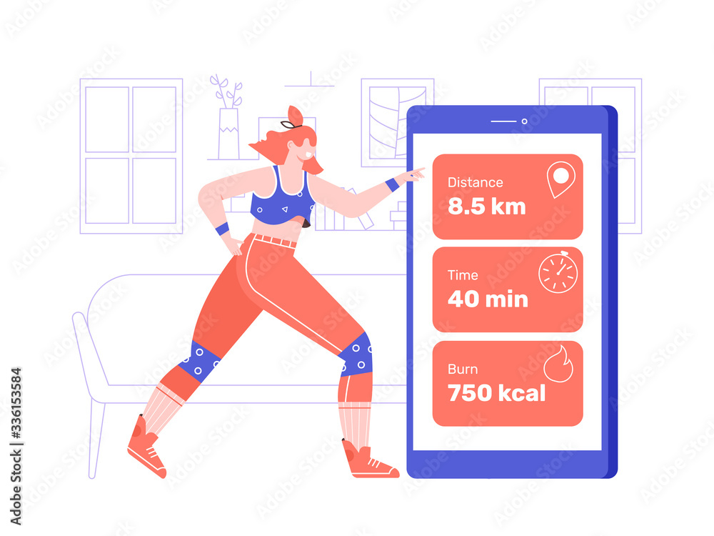 The girl work out at home. Everyday exercise. Mobile fitness app for running. Online coach. Distance, time, calories burned. Vector flat illustration. The girl work out at home. Everyday exercise. Mobile fitness app for running. Online coach. Distance, time, calories burned. Vector flat illustration.