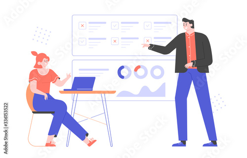 Colleagues in a meeting at the office. Discussion, presentation, financial report. Girl sitting with a laptop, a man shows on the charts. Brainstorm and teamwork. Vector flat illustration.