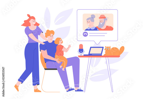 Parents and little daughter call grandparents from a laptop. Online chat  video call  remote communication with relatives. Family together. Quarantine and self-isolation. Vector flat.