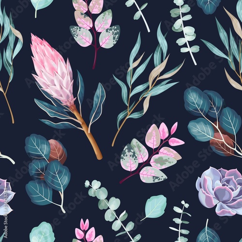 Vector seamless pattern with protea and greenery
