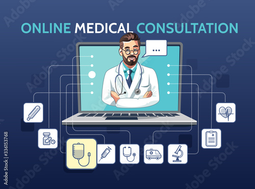 Vector illustration of medical online consultation with doctor using laptop. App concept with icons