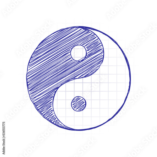 yin yan symbol. Hand drawn sketched picture with scribble fill. Blue ink. Doodle on white background
