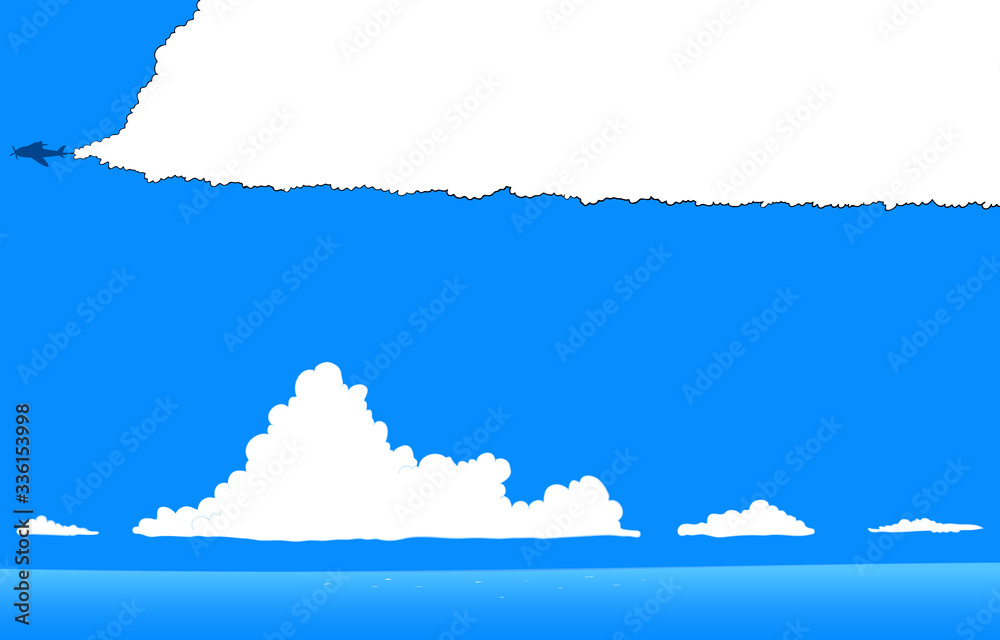 夏の青空と入道雲と海のイラスト 飛行機雲の吹き出し付き Stock Vector Adobe Stock