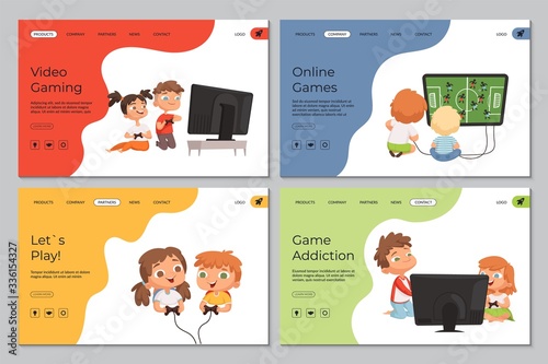 Gaming landing page. Kids with video games, addiction and playing. Cartoon children vector web banners template. Children friend with joystick play game illustration