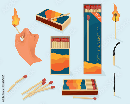 Burning matches. Safety packages for matchstick wooden stick flame symbols vector illustration in cartoon style. Safety danger fire, flame stick box