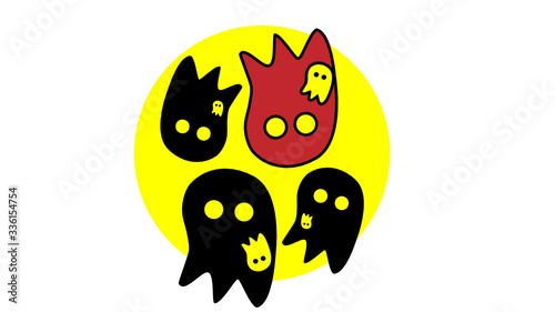 Vector illustration of ghosts in circle. Red, black and yellow.