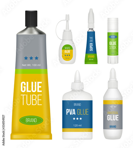 Glue packages. Stationary collection bottles stick tubes for liquid glue vector realistic set. Glue container, fix tube, package pva illustration
