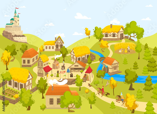 Medieval village with castle, half timbered houses and people on market square, vector illustration. Blacksmith artisan, Medieval peasant and horseman cartoon character in Middle Ages town countryside