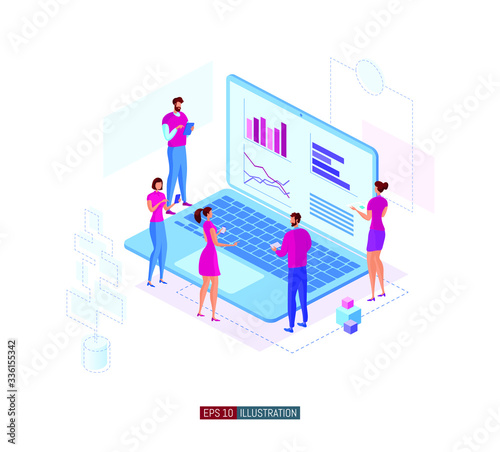 Trendy flat illustration. Office workers planing business mechanism, analyze business strategy and exchange ideas.Template for your design works. Vector graphics.