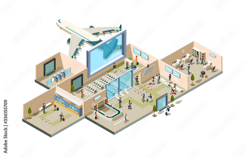Airport terminal. Boarding gate conveyor for luggage ticketing waiting room passengers and aviation personal characters isometric. Airport terminal, baggage, and waiting room illustration Airport terminal. Boarding gate conveyor for luggage ticketing waiting room passengers and aviation personal characters isometric. Airport terminal, baggage, and waiting room illustration