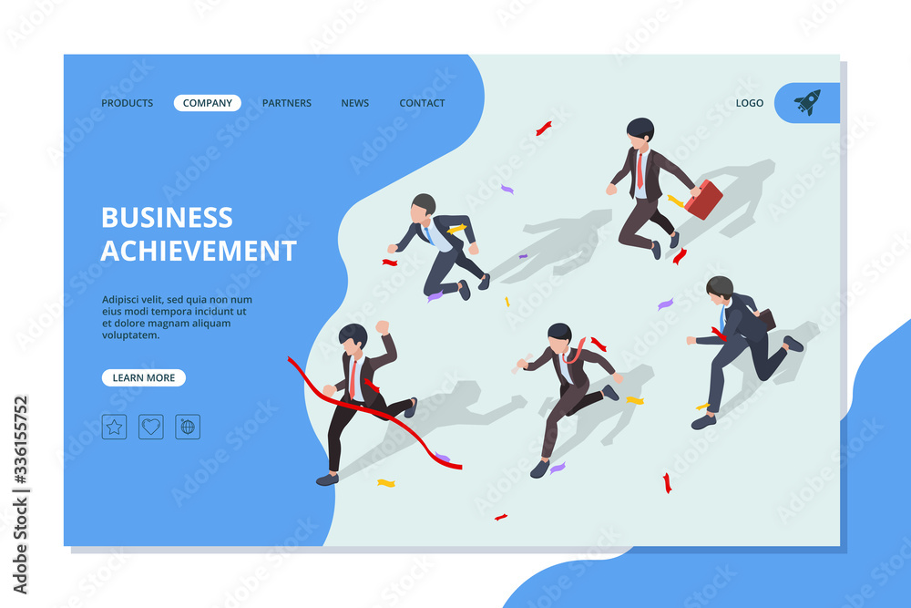 Business landing. Running business characters corporate office managers and leaders moving to the finish vector web page template. Business leader, people running to goal illustration