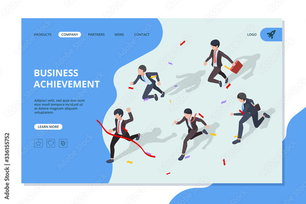 Business landing. Running business characters corporate office managers and leaders moving to the finish vector web page template. Business leader, people running to goal illustration Business landing. Running business characters corporate office managers and leaders moving to the finish vector web page template. Business leader, people running to goal illustration