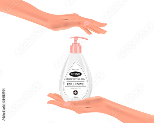 Hand sanitizer gel in the palm of your hand on an isolated background, realistic bottle and hands, vector illustration