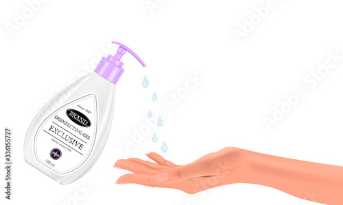 Hand sanitizing gel splashes on the palm on an isolated background, realistic bottle and hand, vector illustration