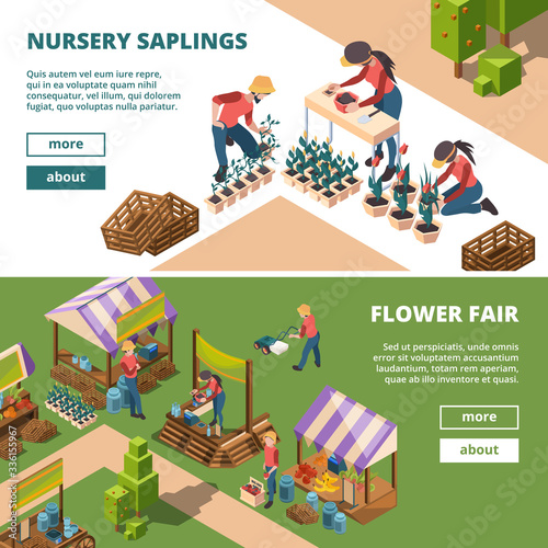 Local markets isometric. Farmers and gardeners outdoor selling agricultural products milk meal and fruits vegetables vector banners. Organic garden fruit and vegetable market or grocery illuustration