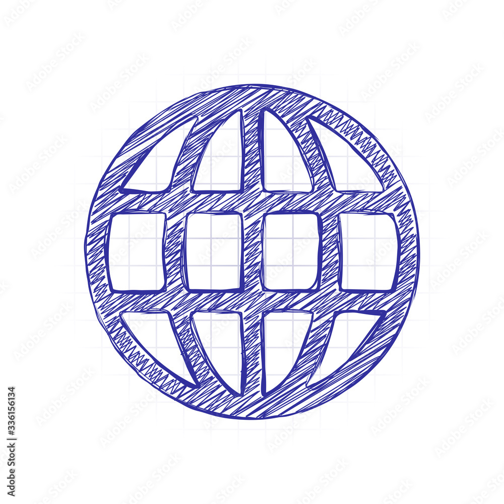 Simple globe icon. Linear. Hand drawn sketched picture with scribble fill. Blue ink. Doodle on white background