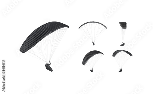 Blank black paraglider with person in harness mockup, different views