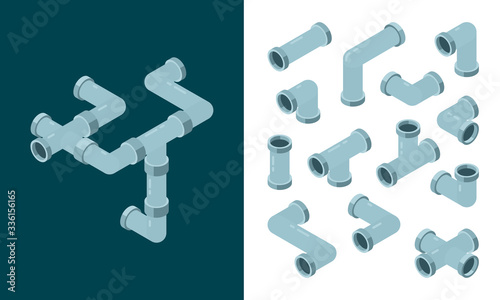 Industrial pipes. Oil or water plastic tubes steel pipes connections vector isometric set. Pipe plumbing, pipeline industry gas, industrial piping illustration photo