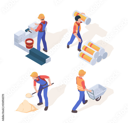 Builders isometric. Construction workers in helmet and professional uniform vector people in action poses. Worker isometric construction, staff in helmet illustration