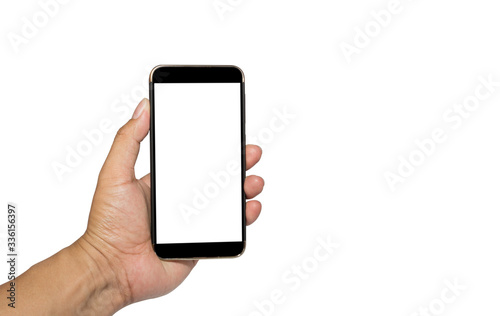 Hand holding smartphone with blank screen isolated on a white background