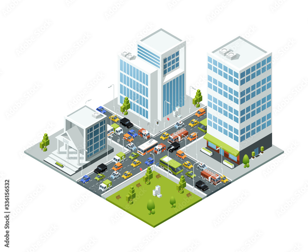 Crossroad jam traffic. Isometric urban transport active movement in jammed city vector 3d buildings busses and cars. Illustration street traffic jam, urban city road
