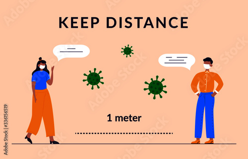 COVID-19 preventive measure concept. Stop coronavirus outbreak spreading social distancing design, woman man keep distance, virus signs isolated on abstract background. Vector illustration