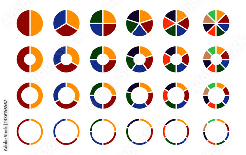 Pie chart icon set. Flat colorful circle diagrams with 2,3,4,5,6,8 sections. Round charts for UI infographic web design presentation. Vector illustration
