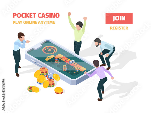 Online casino. Winners lucky happy people playing roulette blackjack gambling on smartphones and tablets vector isometric gaming concept. Casino online, winner in roulette, lucky game illustration
