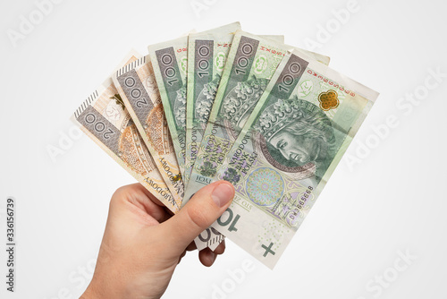 Hand holding PLN banknotes on white background