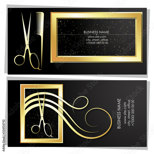 Hair stylist and hairdresser business card golden concept