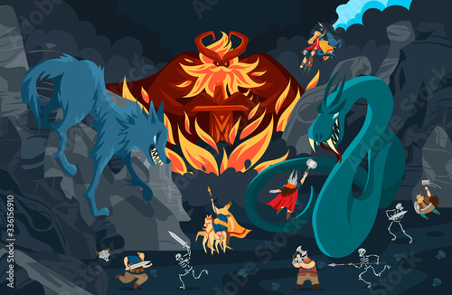 Viking gods, norse mythology people and monsters cartoon characters, fight scene vector illustration. Scandinavian legend, epic battle heroes of nordic culture. Fantasy viking god adventure fairytale