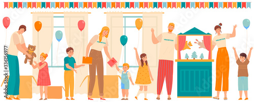 Volunteers play with children and give presents to kids in orphanage or school, vector illustration. People charity activists, volunteering men and women bring gifts to happy children, volunteer team