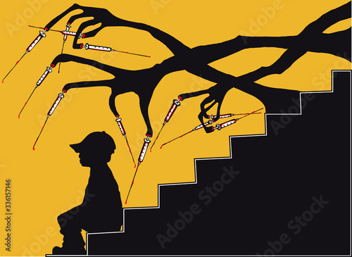 Social illustration. Dependence.  Drug danger. Silhouettes, teenager and monster hands vector.