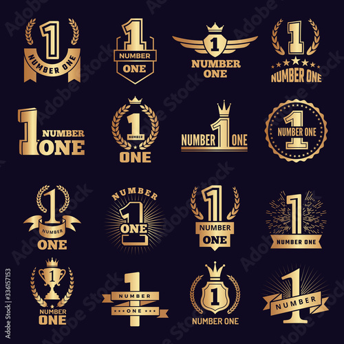 Number one banners. Victory business achievement award symbols vector labels set. Number one, first prize champion, trophy emblem illustration photo
