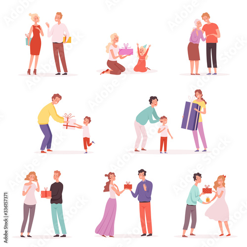 Couple giving gifts. Happy children with gifts give presenting at party vector isolated cartoon pictures. Couple with gift, anniversary and christmas surprise illustration