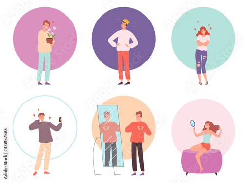 Narcissistic people. Handsome person attracted male and female characters vanity vector peoples. Self narcissist, successful narcissism, love and narcissistic illustration