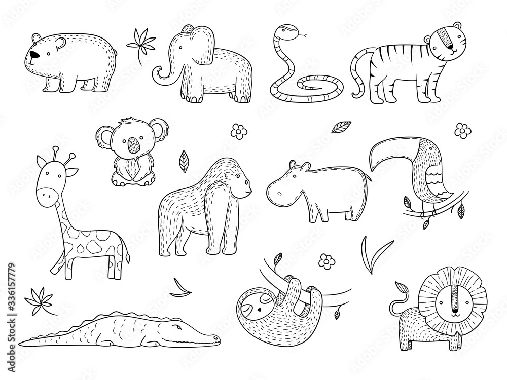 Jungle animals. African safari wildlife monkey hippopotamus tiger lines vector drawing pictures. Safari wild tiger, african exotic crocodile illustration