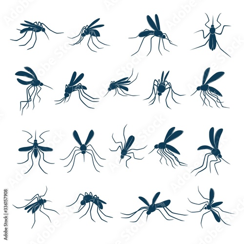 Flying mosquito. Little bloodsucker insects carriers of viruses silhouettes vector drawn set. Mosquito insect, malaria gnat and blood pest illustration