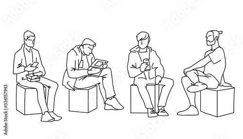 Men sitting in different poses. Black lines on white background. Concept. Vector illustration of various men sitting on cubes in line art style. Monochromatic hand drawn sketch.