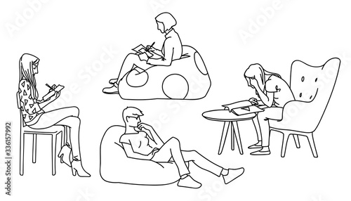 Women sitting in different poses. Sketch. Vector illustration of various girls sitting on chairs or on pillows in simple line art style isolated on white background. Concept. Monochrome minimalism.