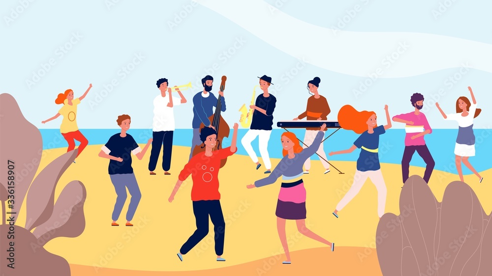 Beach dance party. Happy crowd of people dancing near ocean. Teens free time and lifestyle. Vacations, travel or tourism vector illustration. Beach party summer, music and dance group Beach dance party. Happy crowd of people dancing near ocean. Teens free time and lifestyle. Vacations, travel or tourism vector illustration. Beach party summer, music and dance group
