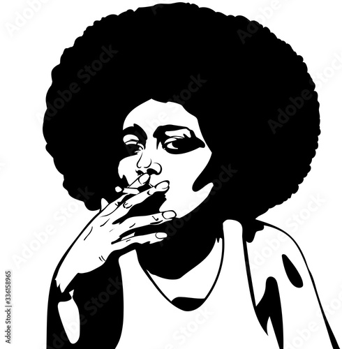 Afro hair styling woman. Black and white vector image