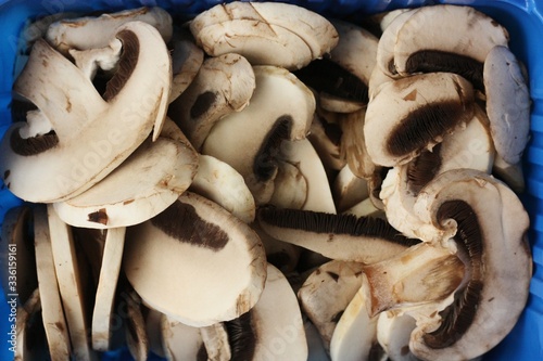 Fresh cut mushrooms in a package macro