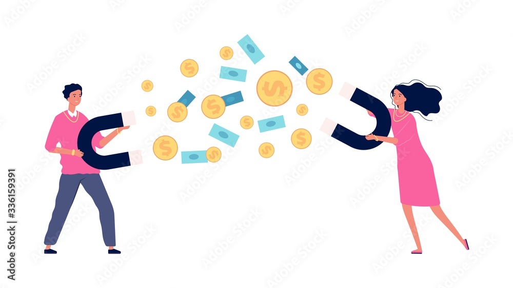 Money magnete. Business woman and man with wealth. Rich people, isolated happy girl boy with coins, investment vector illustration. Income fortune financial, lottery luck, businesswoman and man