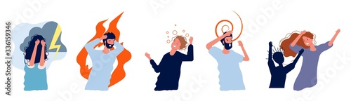 Mental disorder people. Nervous, aggressive scared persons. Psychiatry, women men, psychiatrist patients vector illustration. Confused psychiatric, character unhappy and problem, person colorful