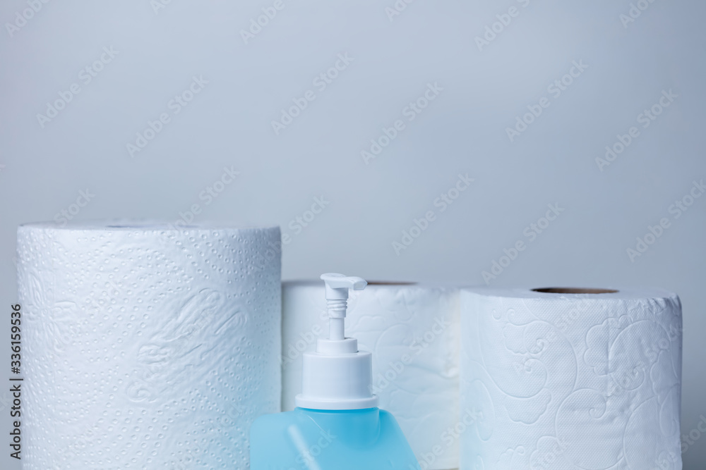 Hand sanitizer and toilet paper on store shelf hospital supplies Hand sanitizer and toilet paper on store shelf hospital supplies