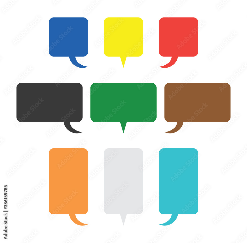 Vector icon set of speech bubbles in different colors, flat color. Vector icon set of speech bubbles in different colors, flat color.