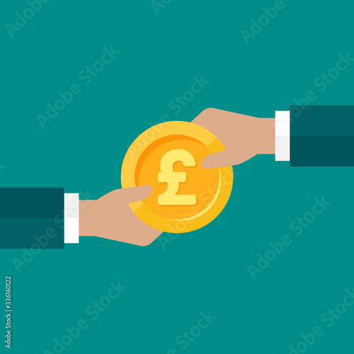 businessman hand gives pound sterling gold coin to another hand.
