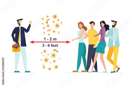 Keep distance sign. Coronovirus epidemic protective equipment. Preventive measures. Steps to protect yourself. Keep the 1 meter distance. Vector illustration.