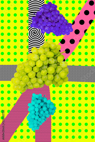 Fashion aesthetic moodboard walpappers. Grapes and geometry background. Fruits vitamins concept photo